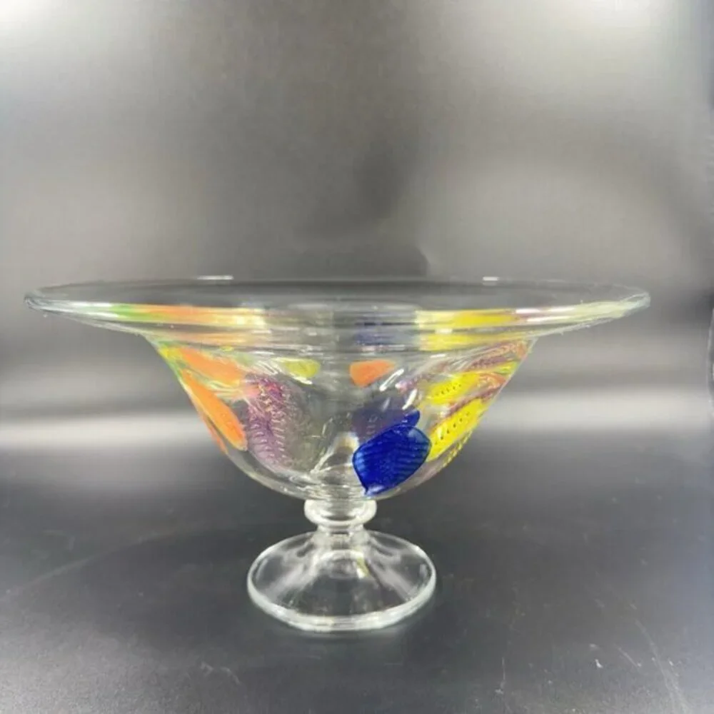 Dansk Burchetta Millefiori Leaf Design‎ Art Glass Crystal Pedestal Bowl Dish VTG
